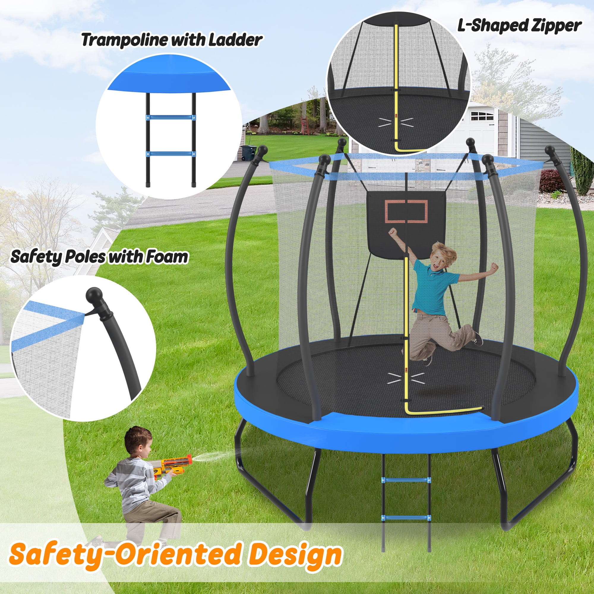 Leumius 8FT Trampoline for Kids,Outdoor Round Trampoline with Safety Enclosure Net and Basketball Hoop,Easy Assembly,Blue