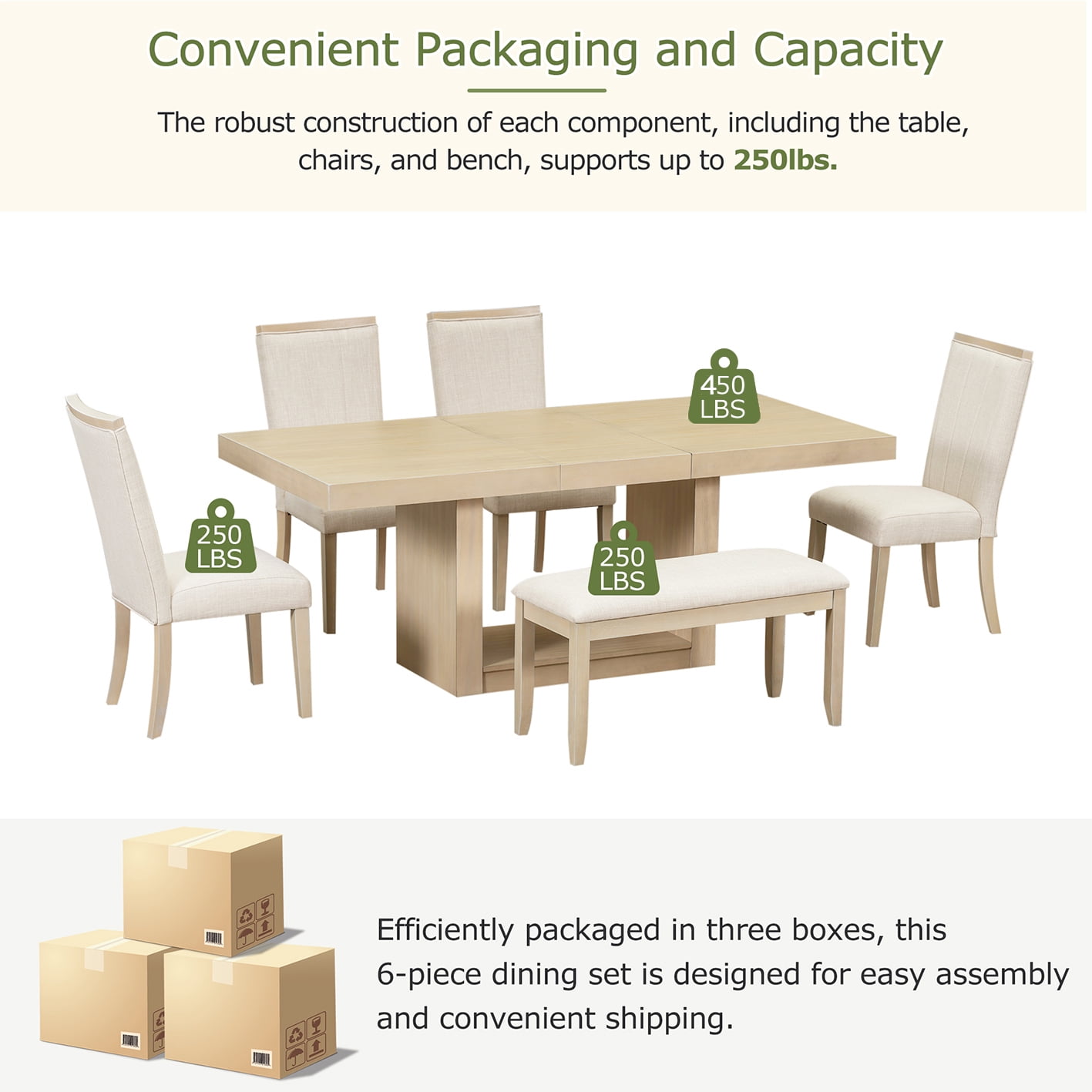 Euroco 6-Piece Dining Table Set for 6, 78" Extendable Pedestal Kitchen Table with 4 Upholstered Dining Chairs & 1 Bench, Wooden Dining Room Furniture Set for Home