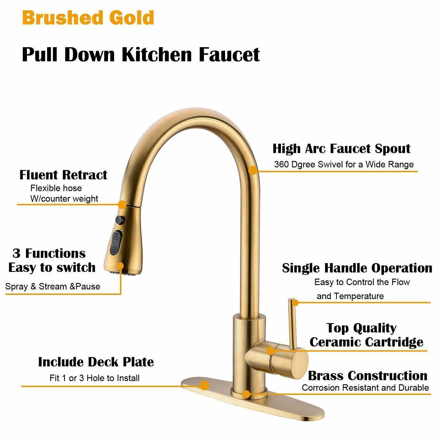 Zovajonia Brushed Gold Kitchen Faucet with Pull Down Sprayer, High Arc Single Handle Stainless Steel Kitchen Sink Faucet with Deck Plate