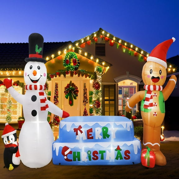 10ft Inflatable Snowman Christmas Inflatables Outdoor Decorations, Snowman Inflatable Gingerbread for Man Christmas Blow Up Yard Decorations with Bright Built-in LED Lights Christmas Decor, Festive