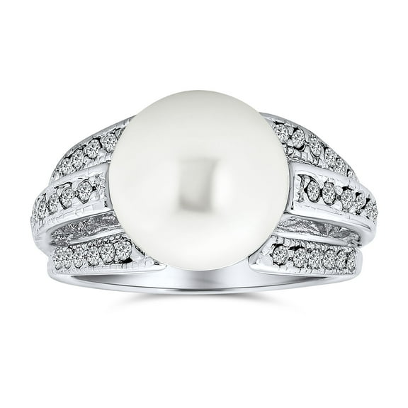 Bling Jewelry Womens White Faux Pearl Fashion Cocktail Statement Ring Pave CZ Band Silver Plated