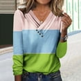 thumbnail image 2 of Busydd Womens Tops Fall Fashion Colorblock Patchwork Tee Tops Casual V Neck Long Sleeve Shirts for Women Pleated Loose Going Out Tops Comfy Versatile Button Up Blouses, 2 of 5