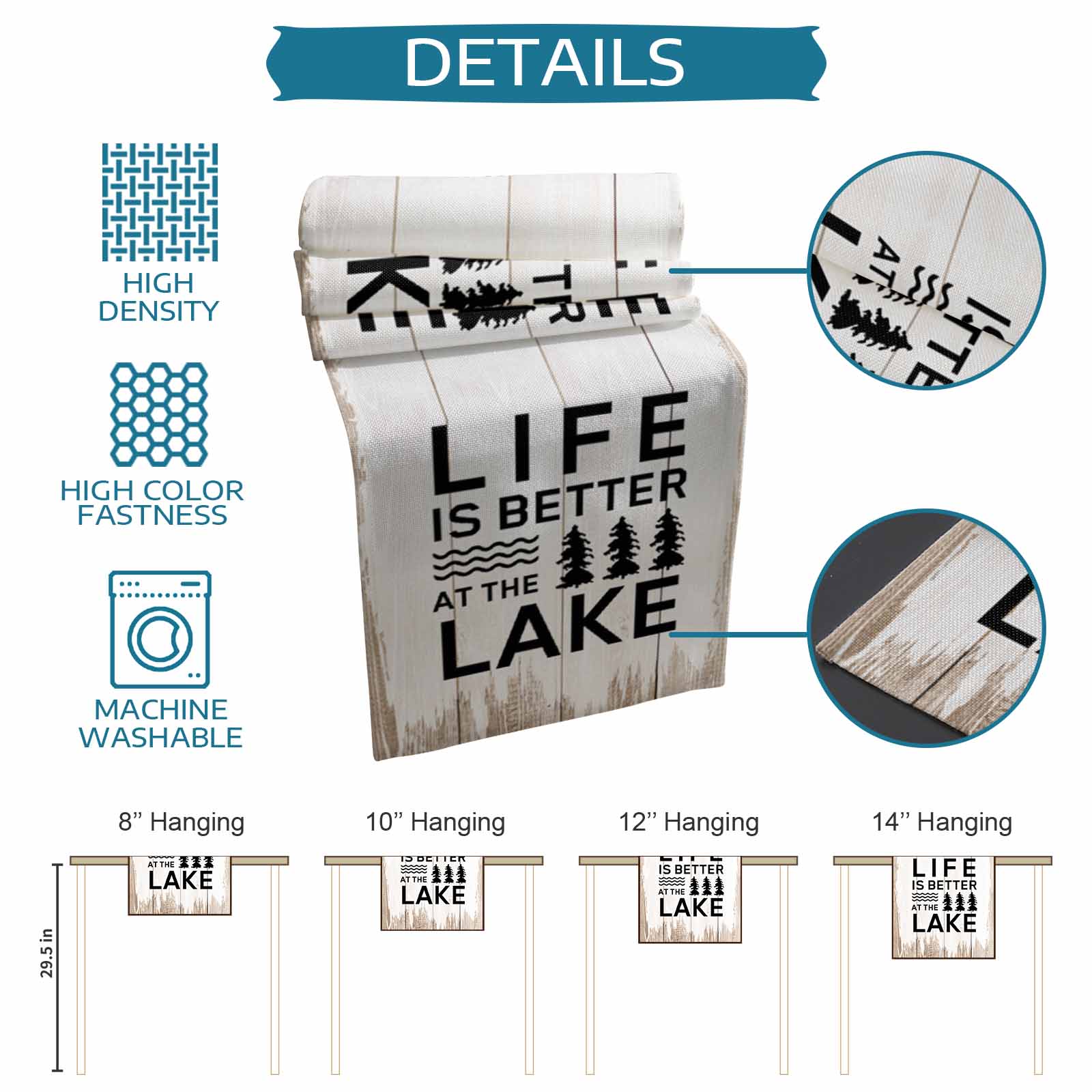 Life Is Better at The Lake Table Runner, Rustic Black Artistic Aesthetics Washable Cotton Linen Table Runners 90 Inches Long, Dresser Scarf Runner for Dining/Coffee/Kitchen/Hallway Tables 13''x90''