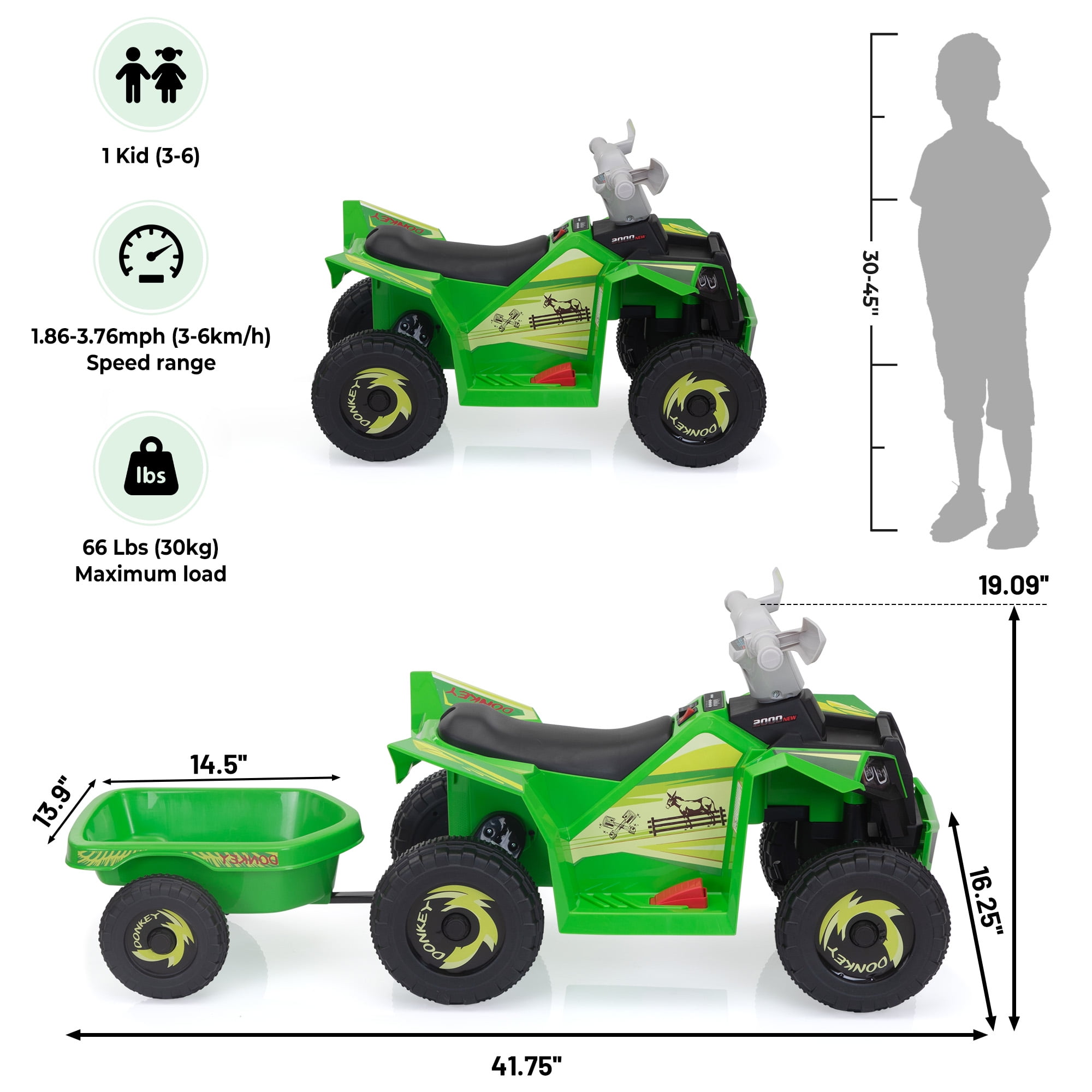 Jaxpety Kids ATV, 6V 4 Wheeler Electric Quad Car Ride on Toys with Trailer, Bluetooth, Music, Horn, Green