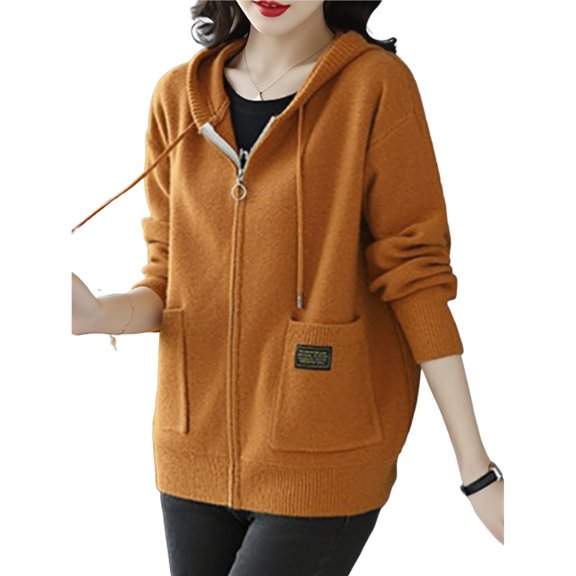 Women'S Full Zip Up Hoodies Soft Knit Sweaters Drawstring Long Sleeve Casual Trendy Cardigan Yellow One size