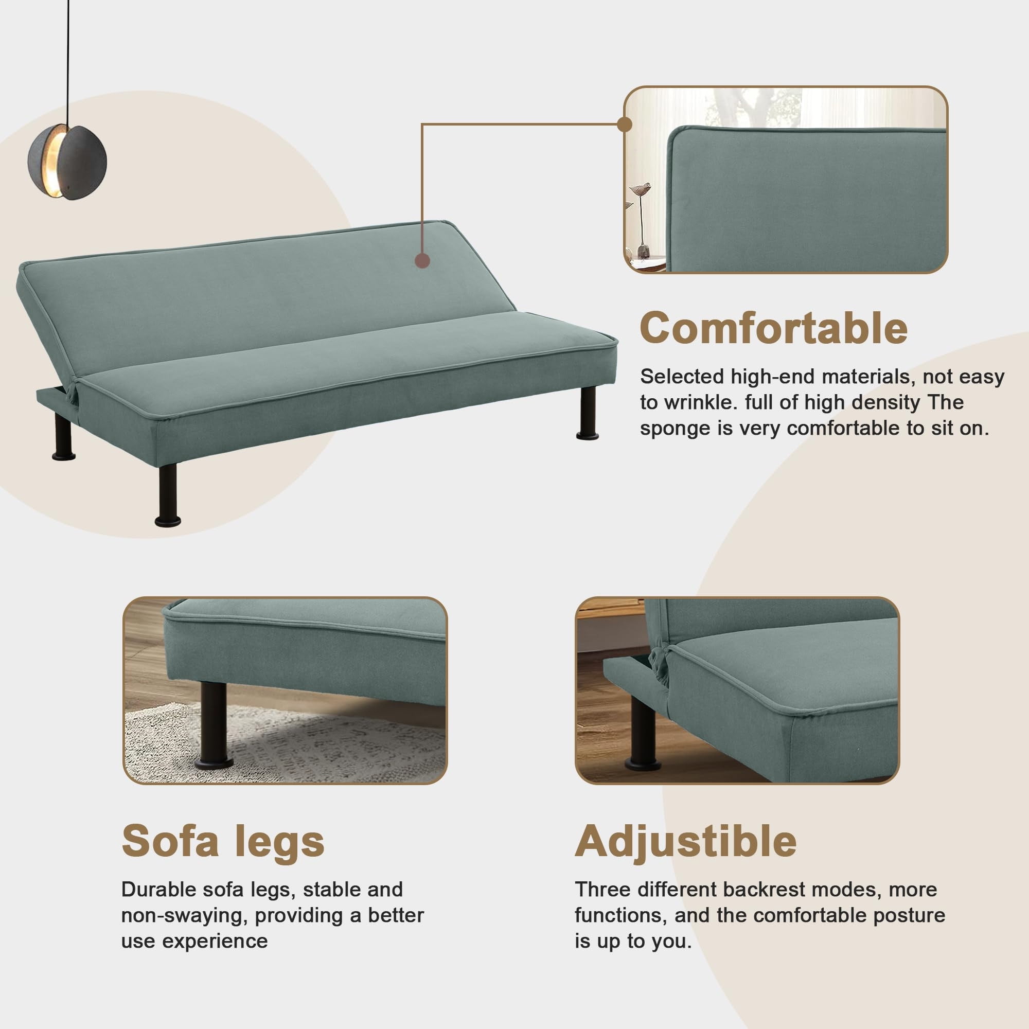 Aukfa Modern Futon Convertible Sofa Bed for Home Office, Adjustable Backrest, Flannel, Light Green