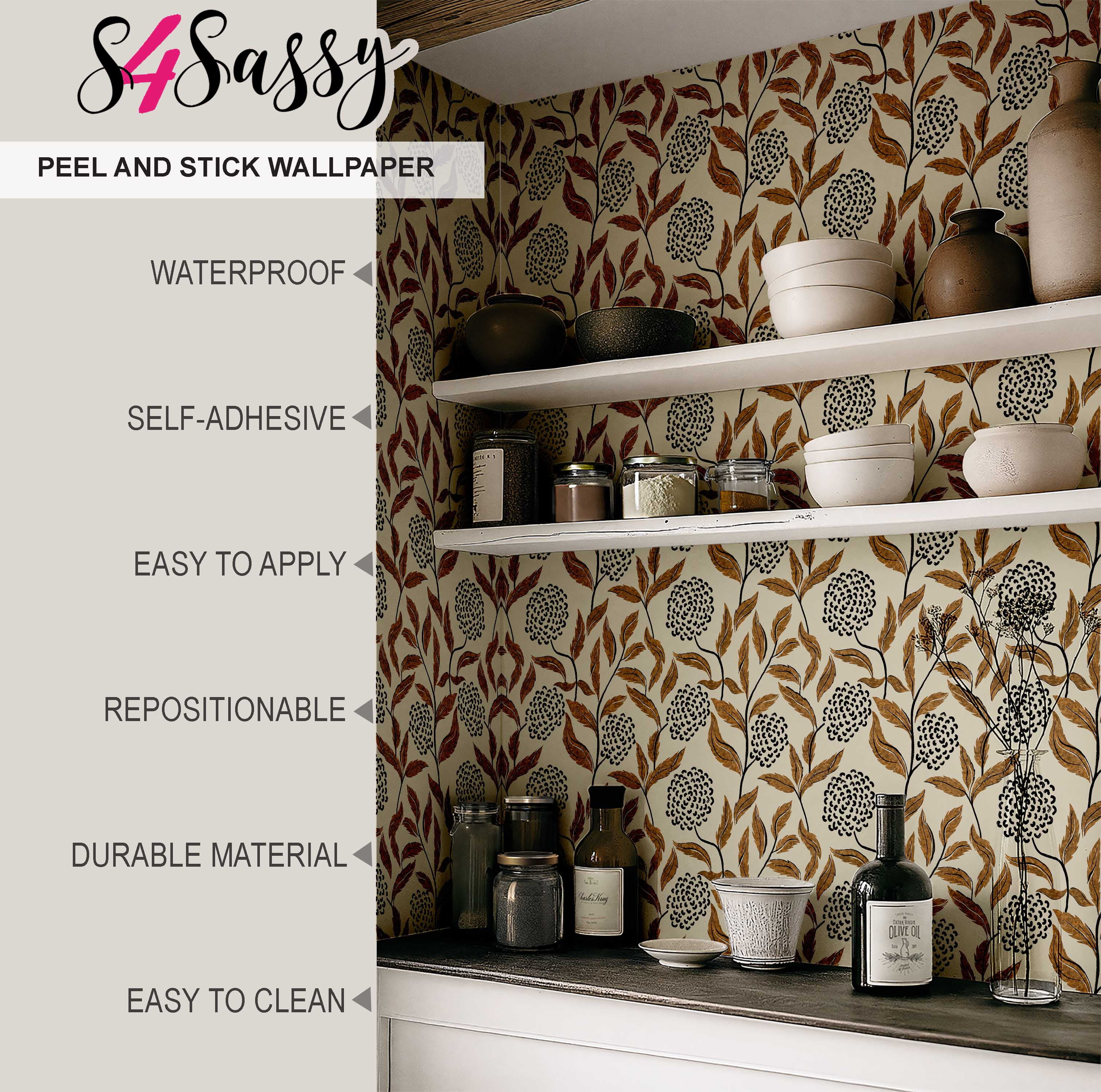 S4Sassy Peel and Stick Wall Covering, Chic Botanical Cluster Print Removable Walls Wrap - Beige Instant Wall Makeover Walls Mural for Bathroom, Laundry Room - Self-Adhesive Wallpaper Vinyl - 25"x60"