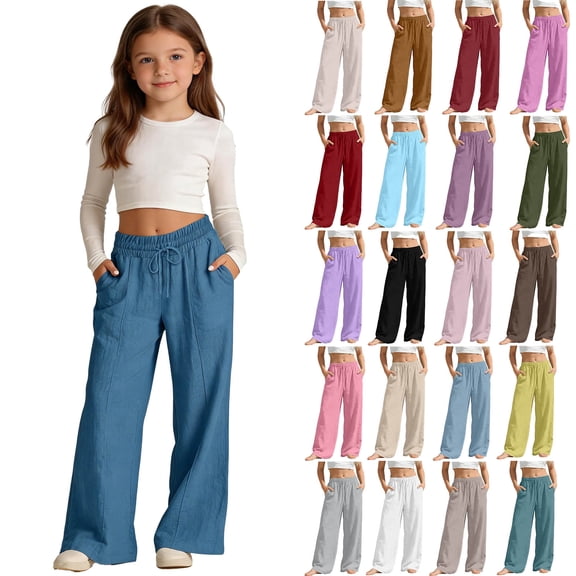 DJDLJWCJ Teen Girls Baggy Cotton Pants Loose Fit Solid Color Jogger Pants Elastic Waist Drawstring Casual Pants Blue Size 5