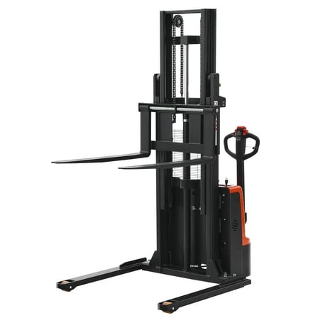 KFFKFF Full Electric Pallet Stacker, 3300 lbs Load Capacity, Forklift with Adjustable Straddle Legs and Forks, 96.06-Inch Lift Height & 8.66-31.1 Inch Fork Width, Orange and Black