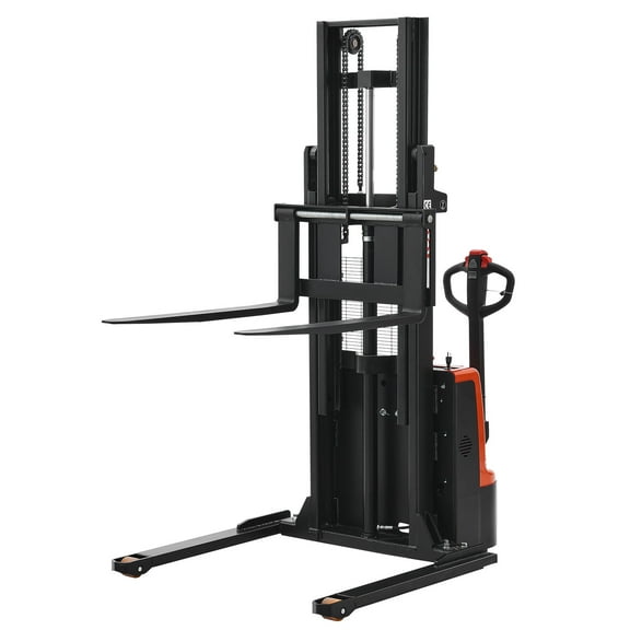 KFFKFF Full Electric Pallet Stacker, 3300 lbs Load Capacity, Forklift with Adjustable Straddle Legs and Forks, 96.06-Inch Lift Height & 8.66-31.1 Inch Fork Width, Orange and Black