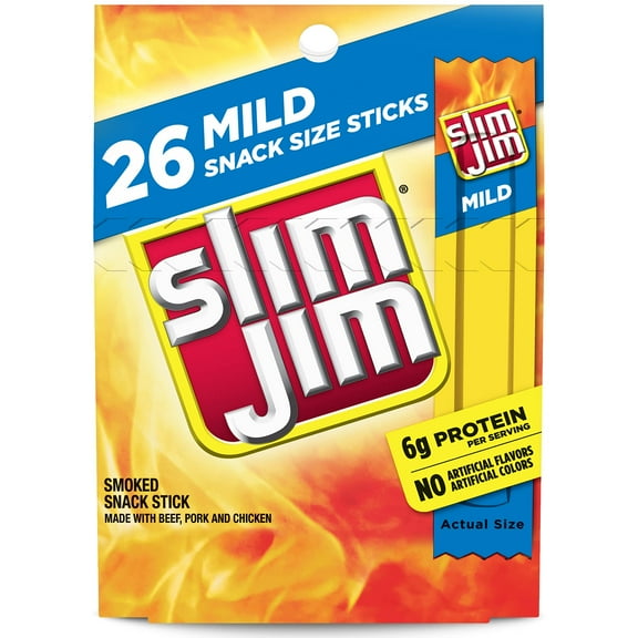Slim Jim Smoked Meat RRF12 Sticks, Mild Flavor, 6g Protein Per Serving, Snack Size, 0.28 oz. (26 Count)