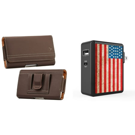 

Holster and Wall Charger Bundle for Samsung Galaxy A13 4G: PU Leather Magnetic Belt Pouch Case (Brown) and 45W Dual USB Port PD Power Delivery Type-C and USB-A Power Adapter (Vintage American Flag)