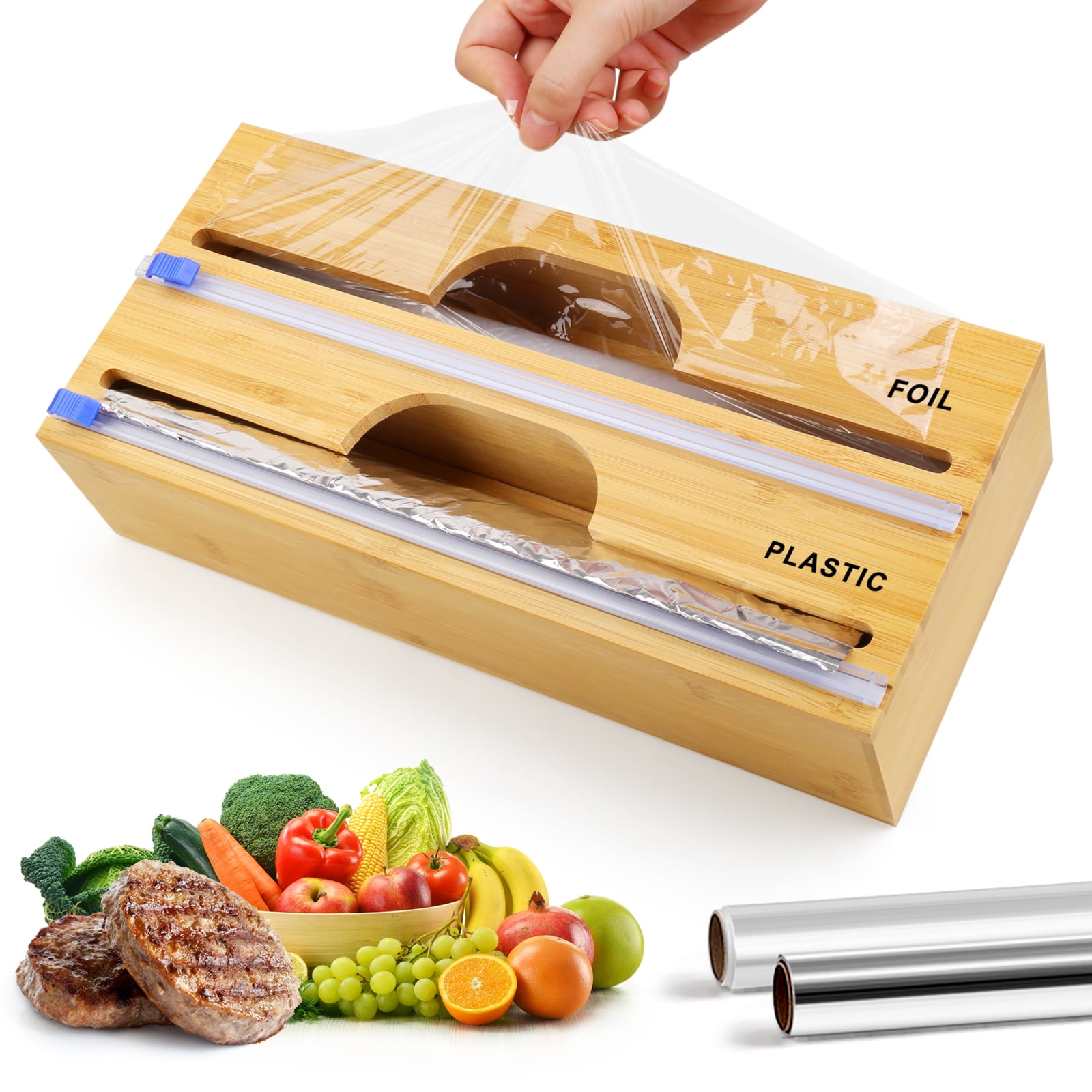 COCOBELA Bamboo Foil and Plastic Wrap Organizer,2 in 1 Plastic Wrap  Dispenser with Cutter and Labels,Aluminum Foil,Wax Paper and Saran Wrap  Roll Organizer Holder for Kitchen Drawer,Compatible with 12" - Walmart.com