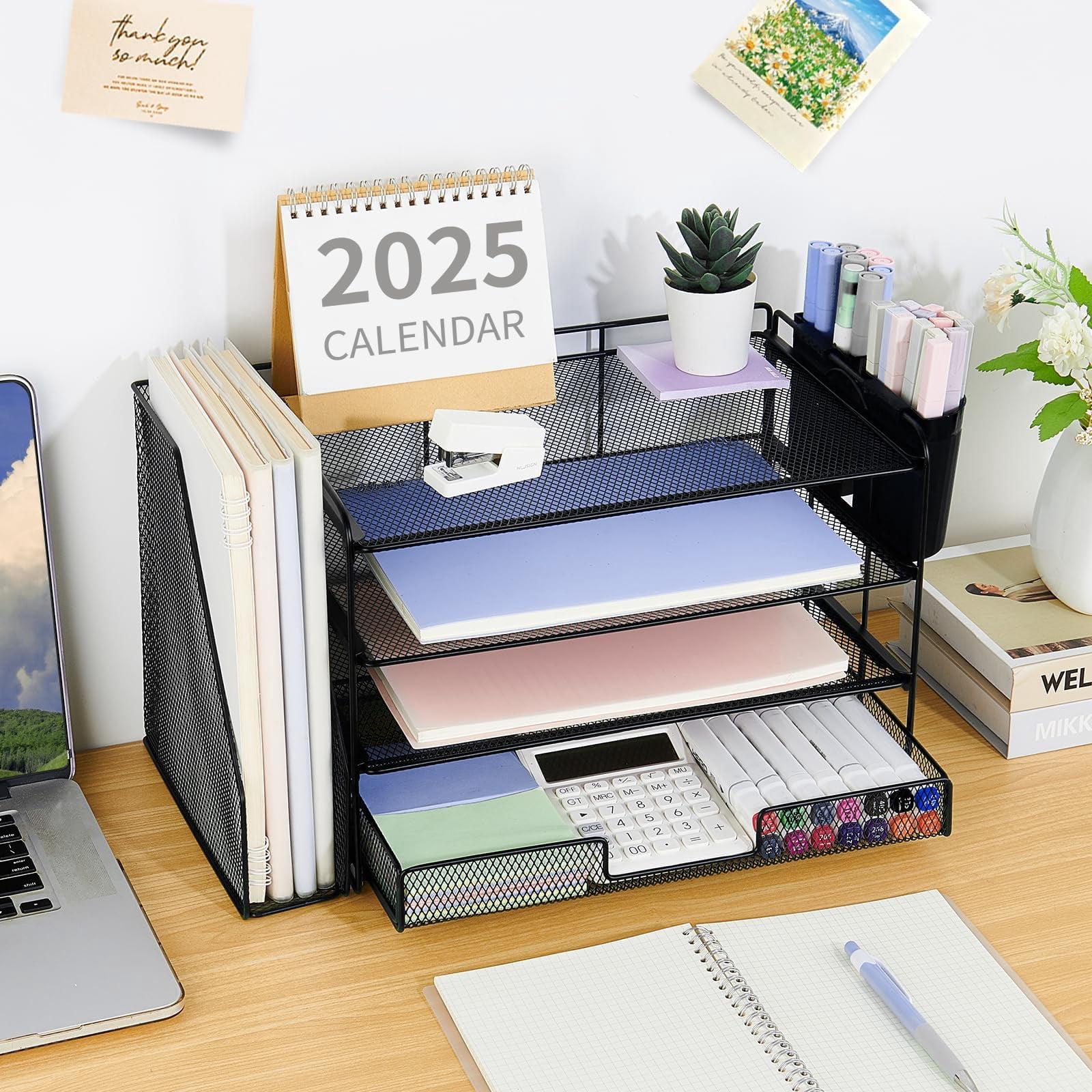 Desk Organizer  4-tier Desktop File With Drawer And 2 Pen Holders Office Accessories Sorters Workspace Organizers For Supplies(black-2pack)