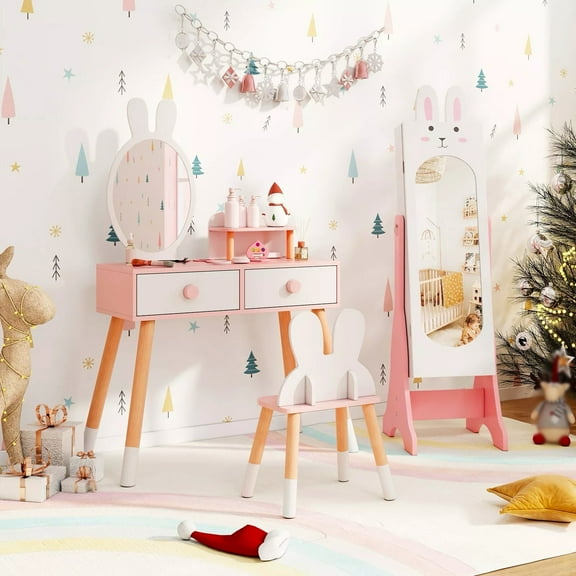 Harmijoy Kids Vanity Set Princess Makeup Dressing Table and Chair Set w/ Jewelry Armoire