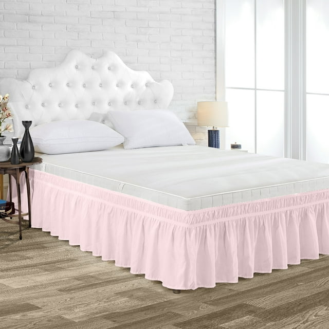 Dee's Collection Short Queen Size Microfiber Wrap Around Solid Bed Skirt with Elastic Belt (9 Inch Drop, Pink)