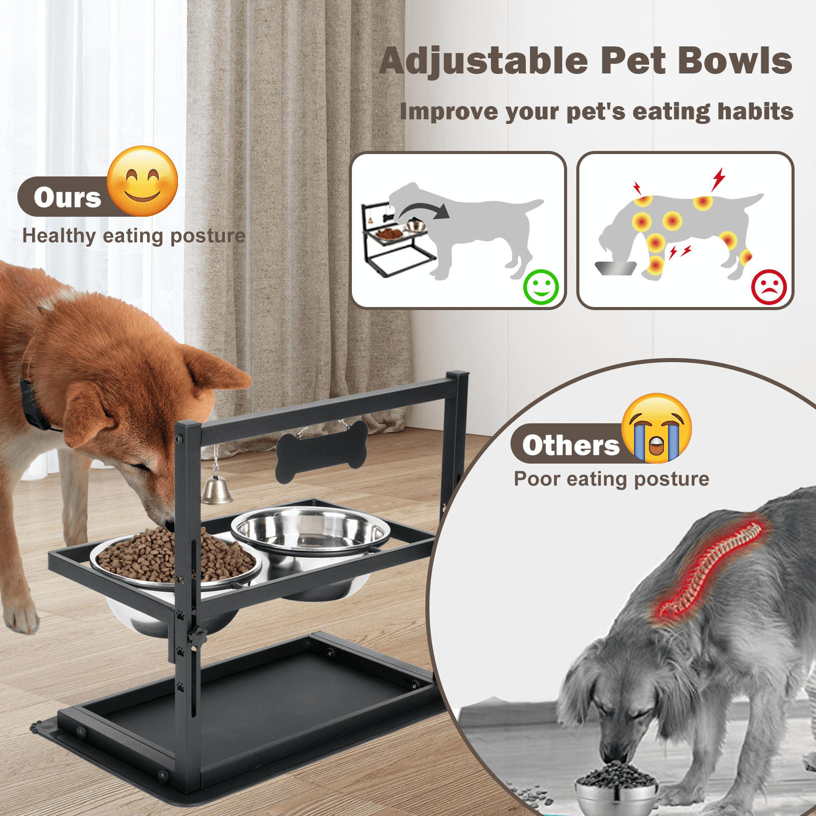 SHAINFUN Elevated Slow Feeder Dog Bowls, 6-Level Height Adjustable, Includes 2 Stainless Steel 1.7L Bowls, Raised Stand for Medium to Giant Breeds
