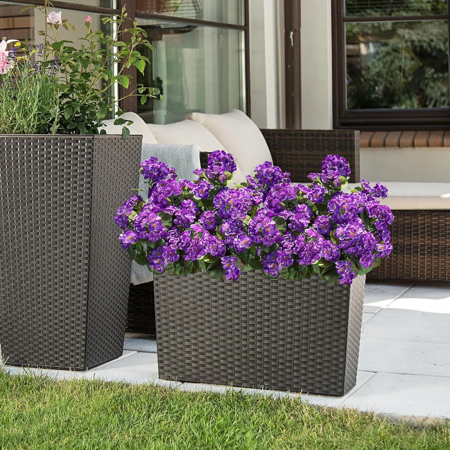 Artificial Geranium Fake Flowers for Outdoors Decoration, 6 Bundles Silk Geraniums Flower UV Resistant Look Real Faux Plants for Outside Planter Front Door Garden Patio Balcony Yard Home, Purple