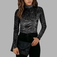thumbnail image 2 of Women's Mock Neck Velvet Top Long Sleeve Printed Slim-Fit Base Layer Solid Casual Spring & Autumn Blouse,XXL,Black, 2 of 8