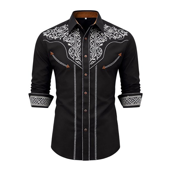 Kids Western Cowboy Style Long Sleeve Print Casual Button Down Shirt for Boys Daily Wear Black 130
