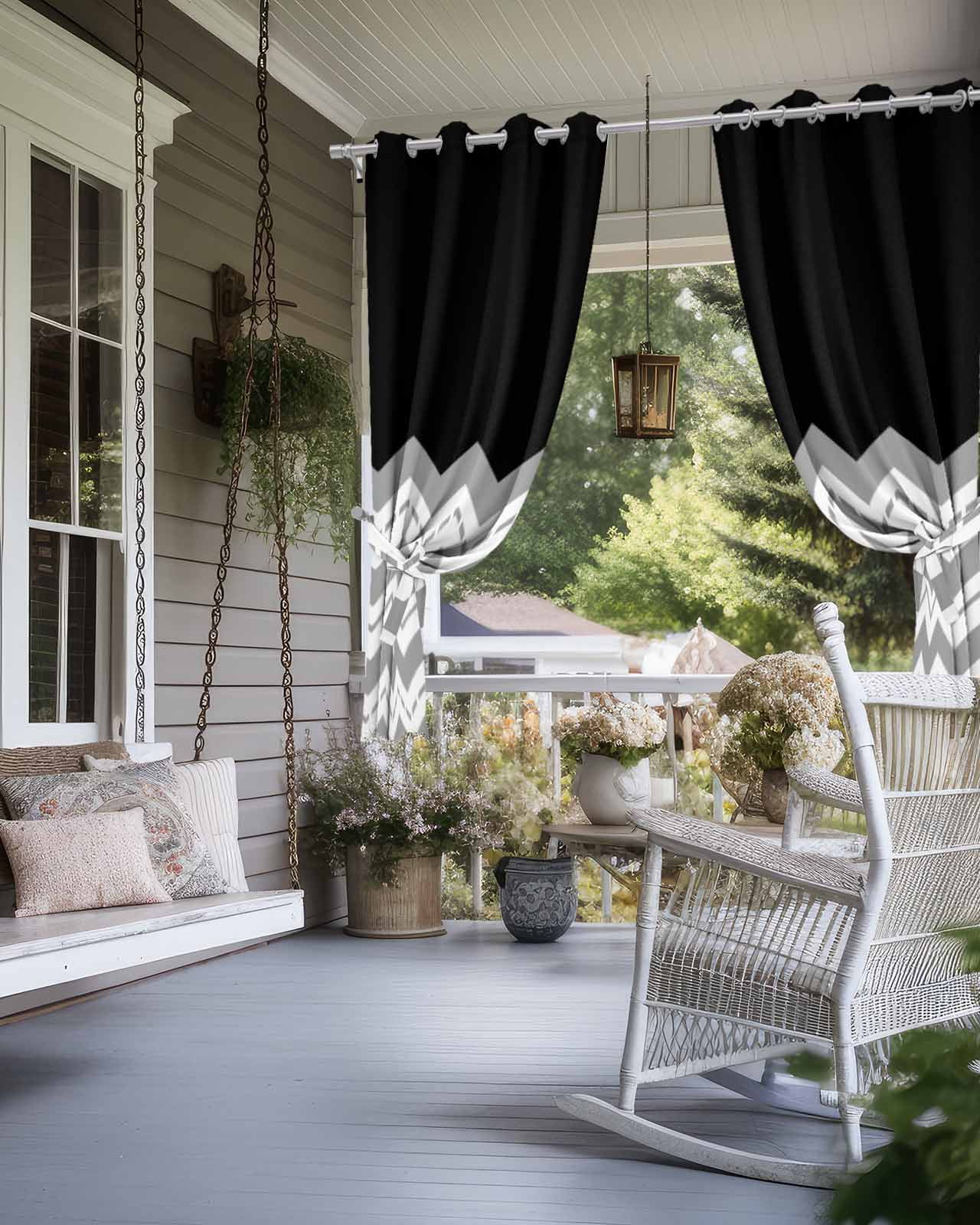 Black Grey Outdoor Curtains for Patio, Geometric Chevron Print Wavy Striped White Privacy Drapes Grommet Waterproof Outside Curtains for Porch/Cabana/Balcony 54"x 95", 2 Panel