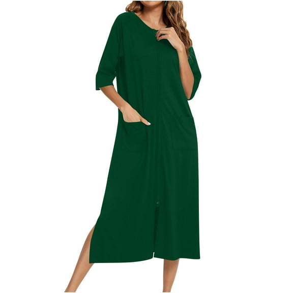 Loopsun Nightgowns for Women, Women's Loose Solid 3/4 Sleeve Pajamas Midi Nightdress Nightgown with Pokets and Zip Army Green M