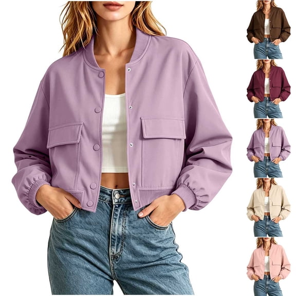 Jacket Women Short Cropped Jacket Button Down Long Sleeve Casual Varsity Jackets with Pockets Purple S(S)