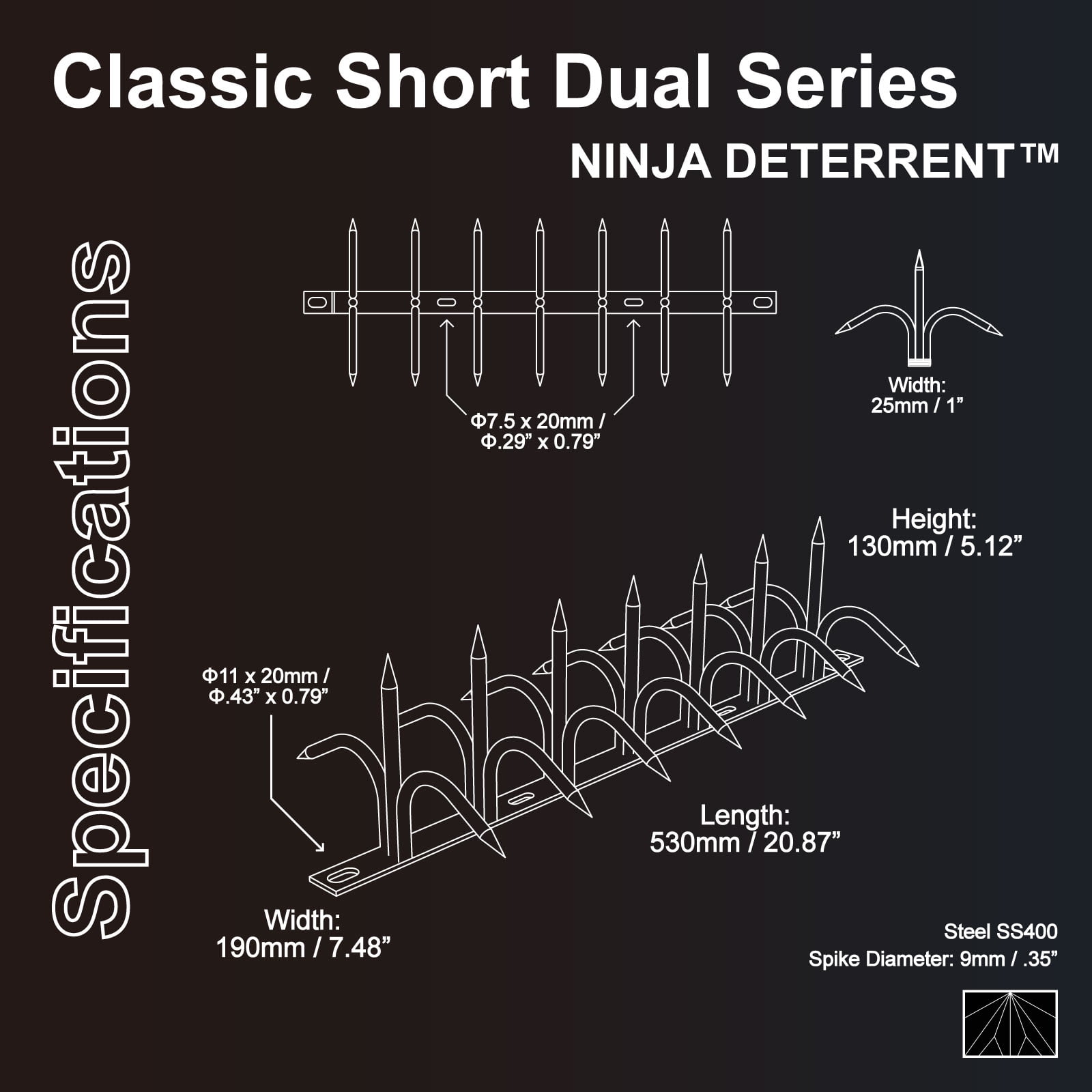 Ninja Deterrent™ | Fence Spikes Wall Spikes Anti Climb Home Security Guard| Classic Shinobi Gaeshi H130 Dual Bladed 0.5m Black | Bird Spikes