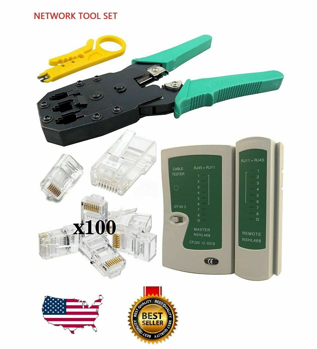 Cable Tester Crimp Crimper + 100 RJ45/RJ11 CAT5e Connector Plug Network Tool Kit