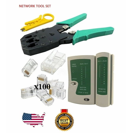 Cable Tester Crimp Crimper + 100 RJ45/RJ11 CAT5e Connector Plug Network Tool Kit
