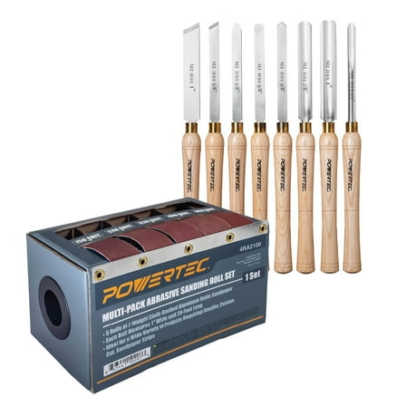 POWERTEC 8PCS Wood Lathe Tools Set and 5PCS Aluminum oxide Sanding Rolls Dispenser Box | HSS Steel Blades Lathe Tools with 5 Assorted Sand Paper Rolls for Woodworking Projects (72005)