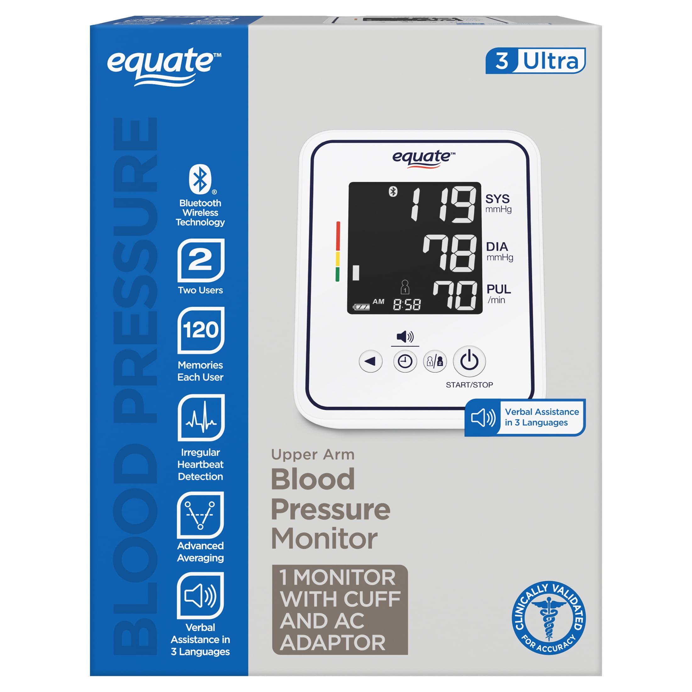 Equate 3 Ulta Automatic Digital Upper Arm Talking Wireless Blood Pressure Monitor with Large Cuff - 8010BLEWM