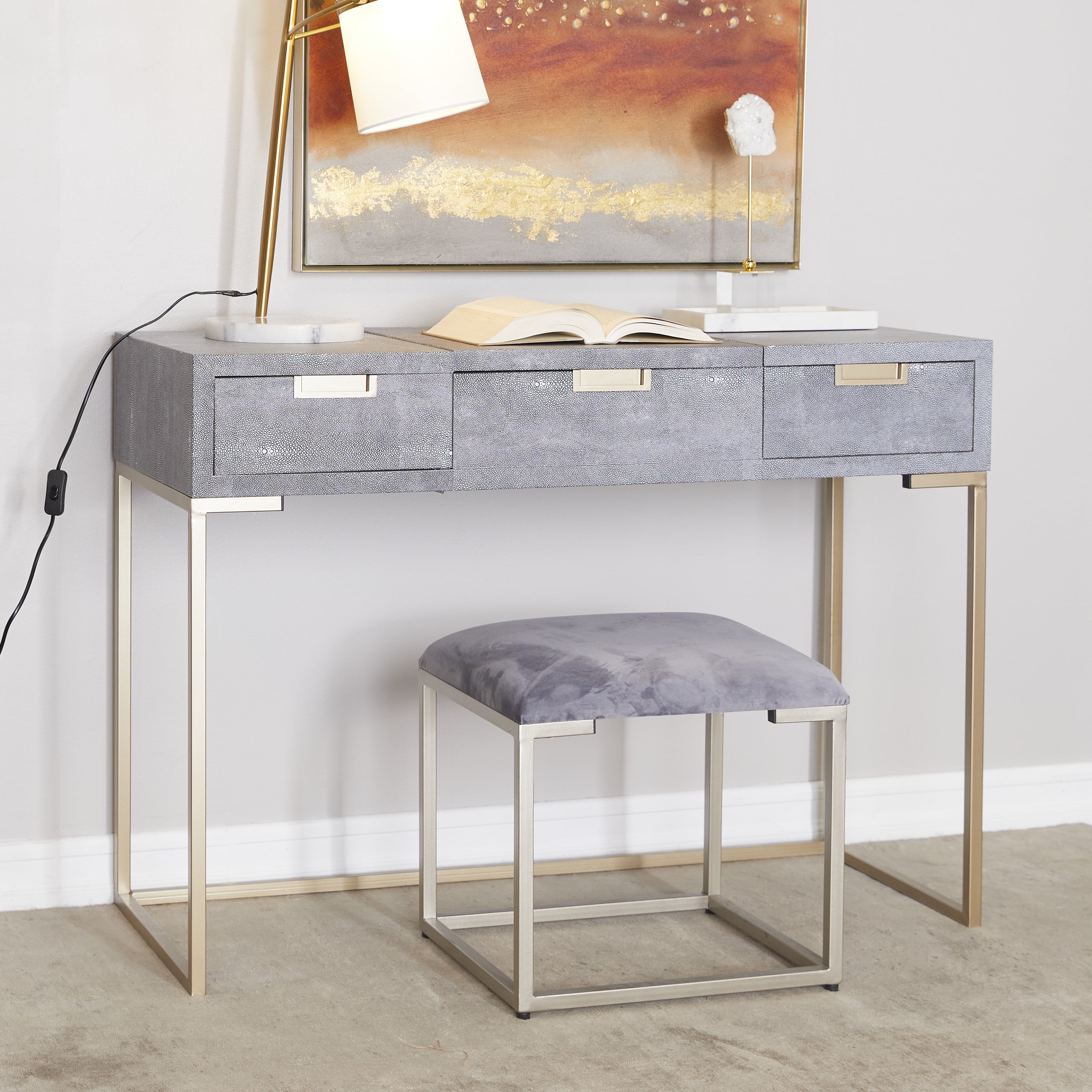 DecMode 45" x 33" Gray Wood Vanity with Stool with Hidden Mirror, 2