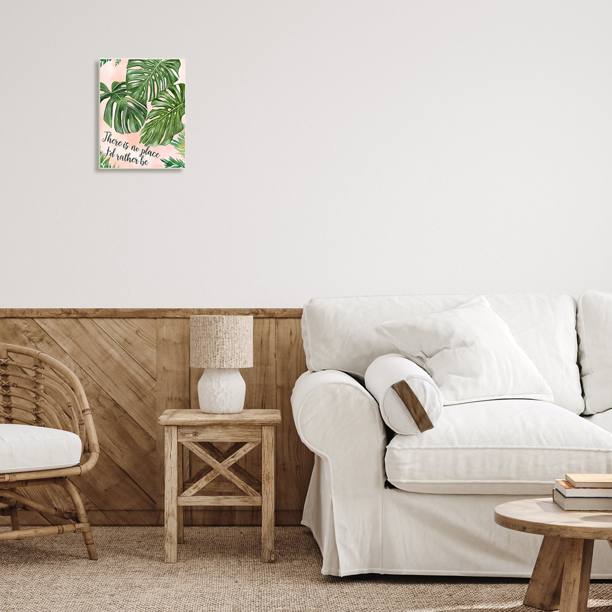 Stupell Industries No Place I'd Rather Be Calligraphy Monstera Botanical Leaves Wood Wall Art, 10 x 15, Design by Ziwei Li