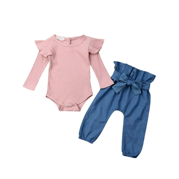 bebiullo Newborn Baby Girl Clothes Ruffle Sleeve Knit Top Long Denim