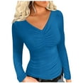thumbnail image 2 of AXXD Blue Basic Work Blouses for Women Summer 2024 Winter Sexy Elasticity V Neck Long Sleeve Tops Versatile Regular Blouse, 2 of 7