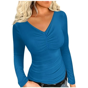 Women's V Neck Long Sleeve Slim Fit T Shirt Pleated Front Tunic Top Stretchy Tight Underscrub Going Out Casual Blouse