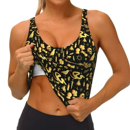 Qokaie glod Skull snake bird Pattern Womens Scoop Neck Sports Bra Breathable Workout Vest Padded U Back Medium Impact Fitness Gym Yoga Bra Workout Crop Top