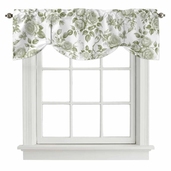 Tie Up Valance Sage Green Flower Valances for Windows Vintage Country Rose Leaf Floral Balloon Shade Valance Window Treatment Short Curtain Valances for Living Room Kitchen Bedroom Bathroom 42"x12"