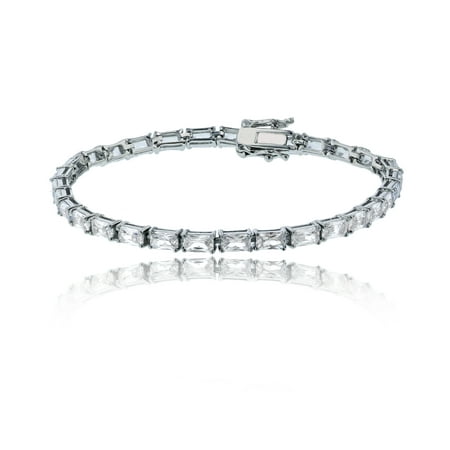 Decadence Sterling Silver Rhodium Emerald Cut Tennis Bracelet