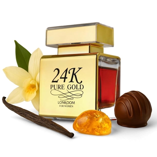 Perfume para Mujer 24K Pure Gold LONKOOM Fragancia floral afrutada, Praliné Vainilla Rosa Larga duración 100ml