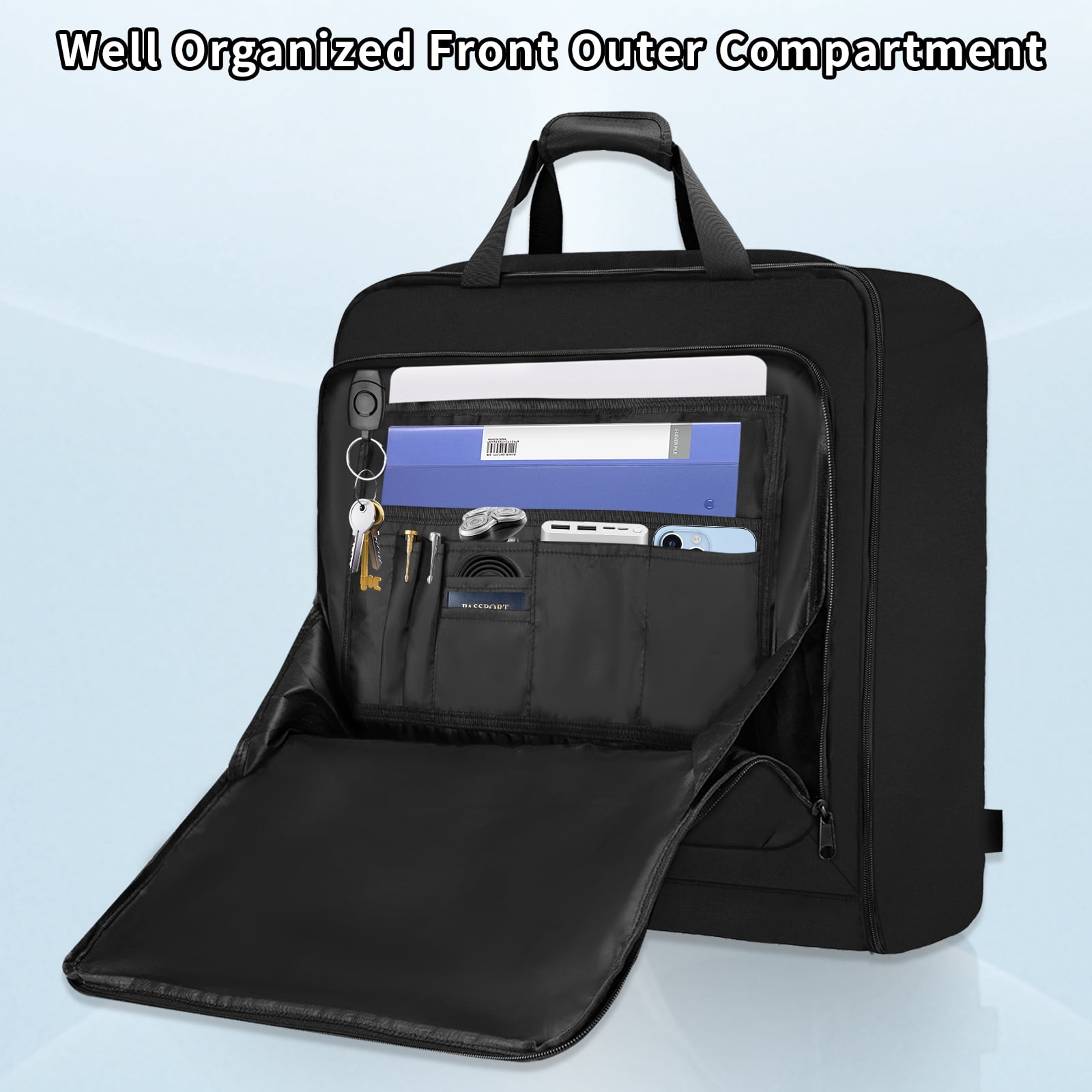 Garment Bags for Travel, Lychee Large Foldable Carry On Garment Bags with Shoulder Strap for Men Women, Business Luggage Suits Case Bag for Hanging Clothes, Black