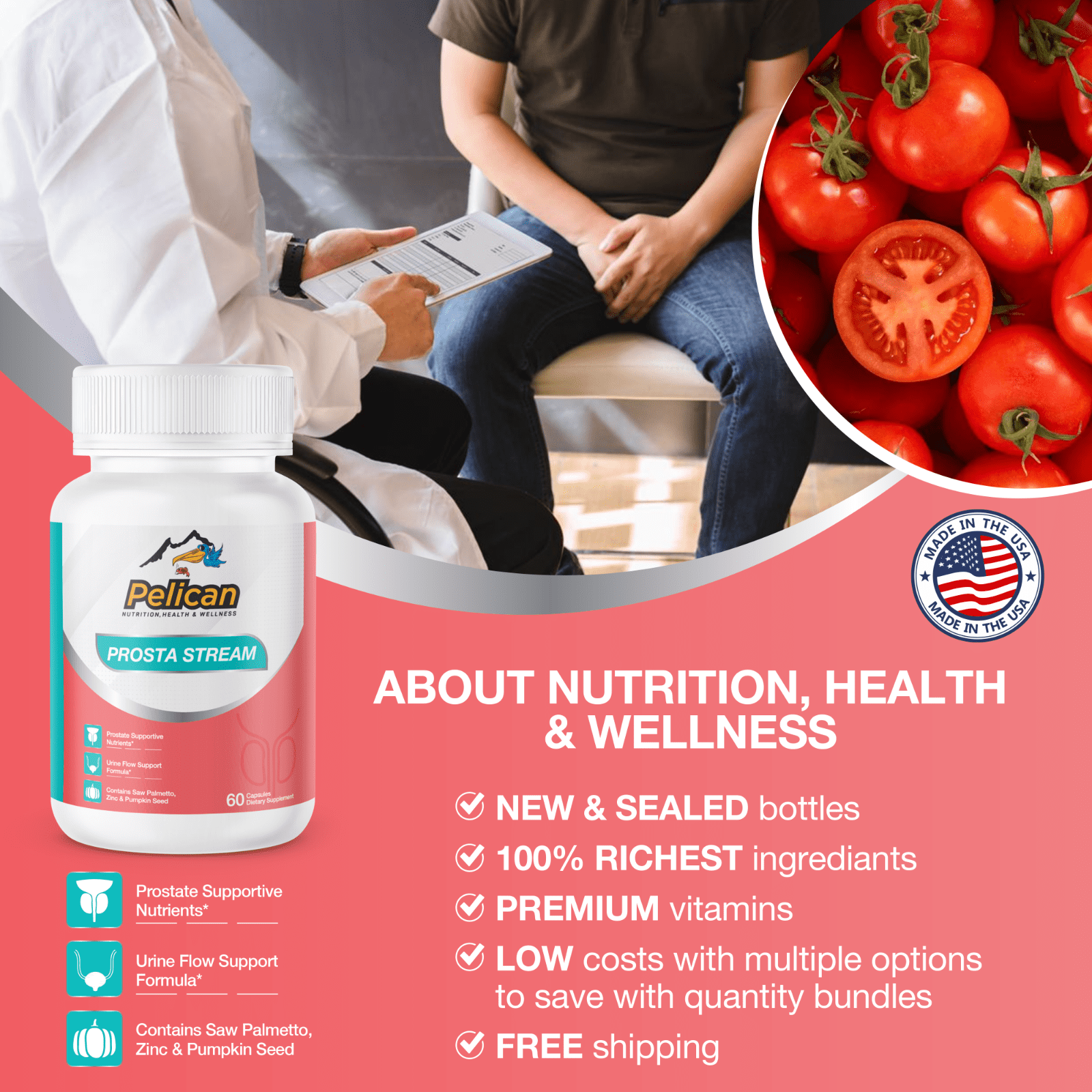 Prosta Stream, Prostate Health Cleansing-2 Bottles-120 Capsules-Pelican Vitamins