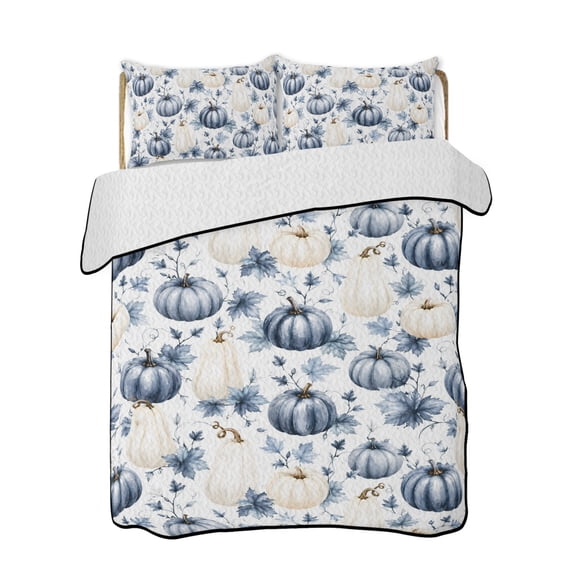 Thanksgiving Blue Pumpkin Quilts Bedding Set King Size Fall Farm Country Harvest Maple Leaf Lightweight Quilted Bedspread 3 Piece Bed Quilt with 2 Pillow Shams All Season for Bedroom 90" x 96"