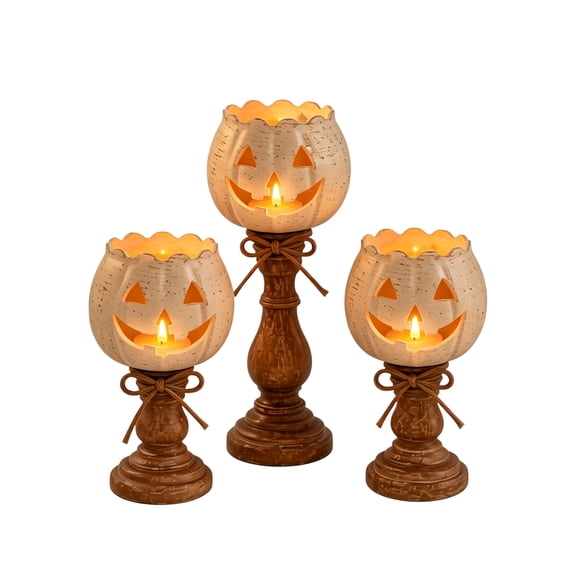 Halloween Pumpkin Candle Holders with Wood Look Pedestal, 3-Count Distressed Jack O' Lantern Table Decor