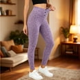 thumbnail image 2 of TEAJOPSUU Womens High Waist Ribbed Leggings Button Front Slim Fit Stretchy Yoga Pants Fall Winter Warm Knitted Tummy Control Leggings Purple, 2 of 5