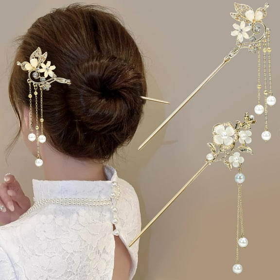 SR 2Packs Lily of the Valley Chinese Hair Sticks for Buns, Pearl Flower Vintage Metal Hair Chopsticks for Women and Girls Dangle Tassel Pendant Hair Accessories Hanfu Handmade Decor Hairpin