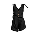 thumbnail image 4 of Mifsaly Linen Two Piece Set Women Tie Strap Sleeveless V-Neck Button Down Tops and High Waist Shorts Lightweight Casual Summer Travel Beach Outfits Black,XL, 4 of 6