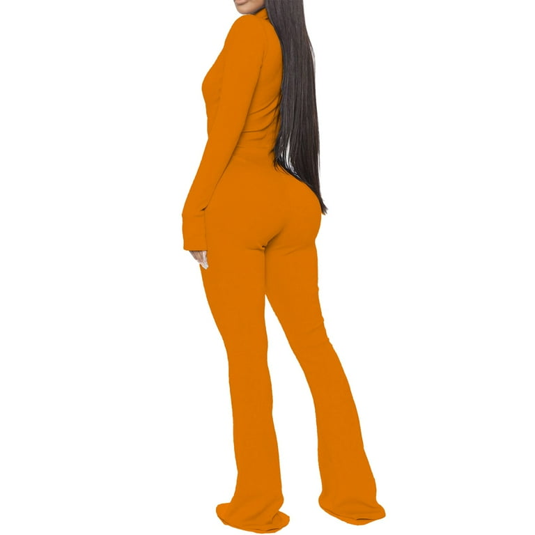 KaLI store Jumpsuits for Women Women s Bodycon Jumpsuit One Piece Long Sleeve Zipper Pants Rompers Jumpsuit Orange XL