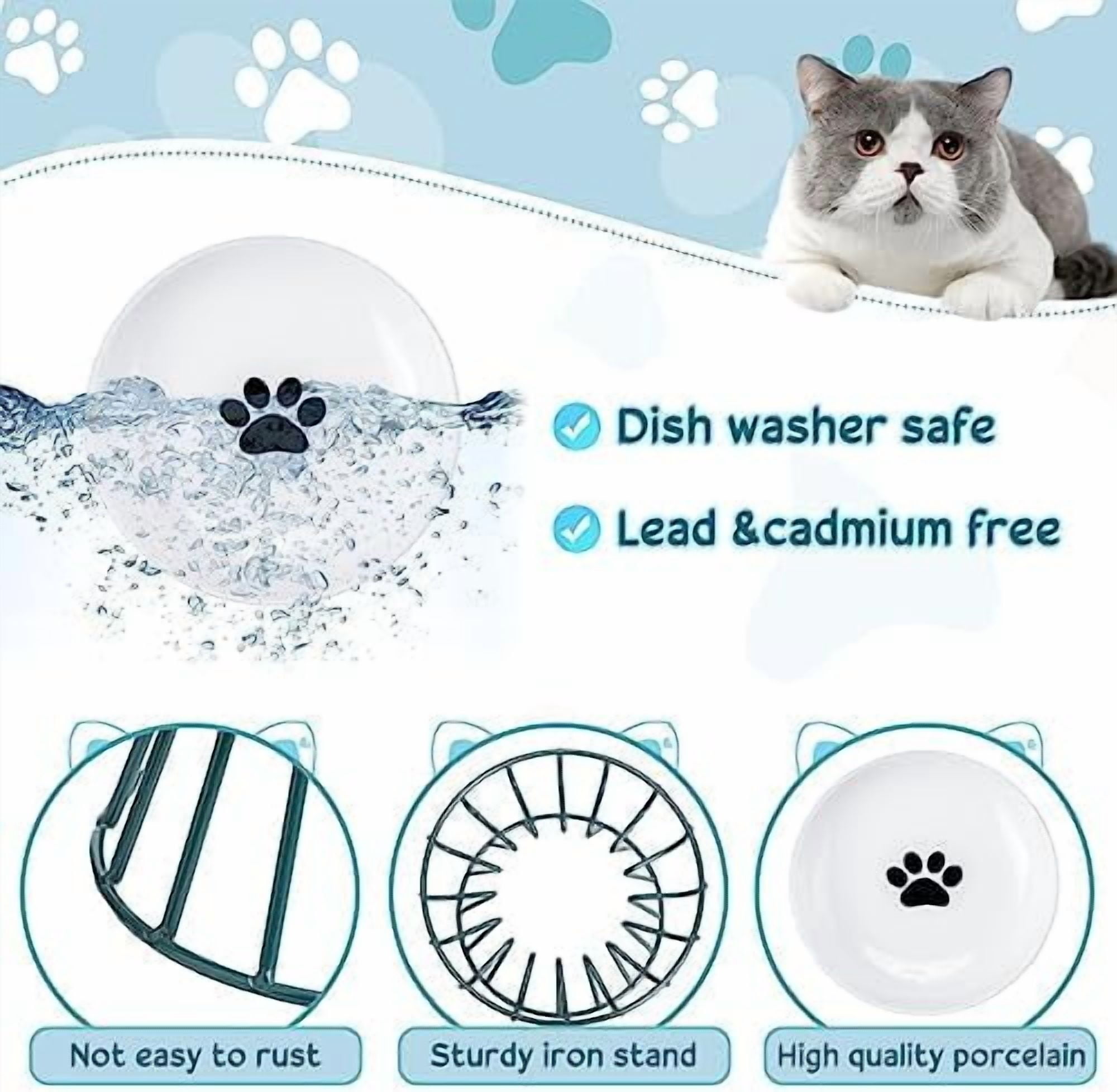 4 Sets Elevated Cat Bowls Ceramic Raised Cat Food Bowls with Metal Stand Dishwasher Safe Dishes Non Slip Elevated Food Plate(Green,Paw)